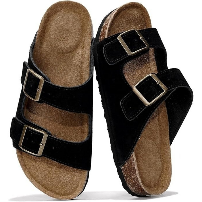 Adjustable Buckle Leather Flat Sandals With Cushioned Sole