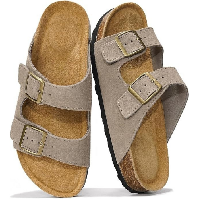 Adjustable Buckle Leather Flat Sandals With Cushioned Sole
