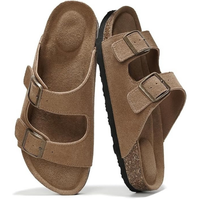 Textured Outsole Buckle Straps Leather Flat Sandals