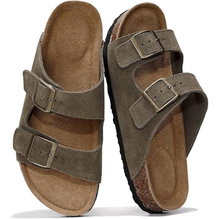 Textured Outsole Buckle Straps Leather Flat Sandals