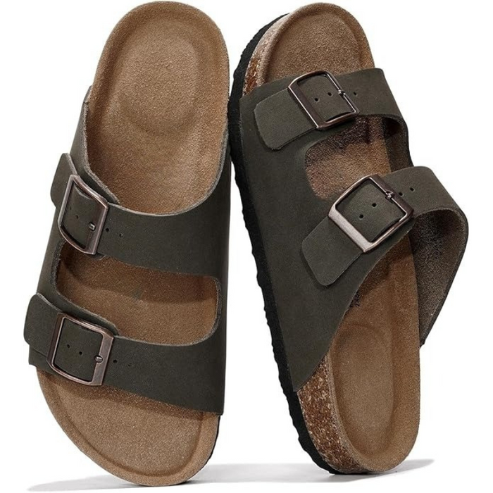 Adjustable Buckle Leather Flat Sandals With Cushioned Sole