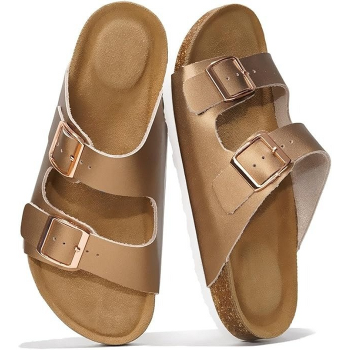 Adjustable Buckle Leather Flat Sandals With Cushioned Sole