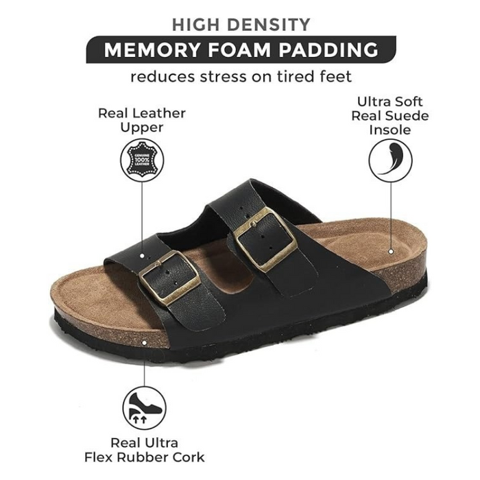 Adjustable Buckle Leather Flat Sandals With Cushioned Sole