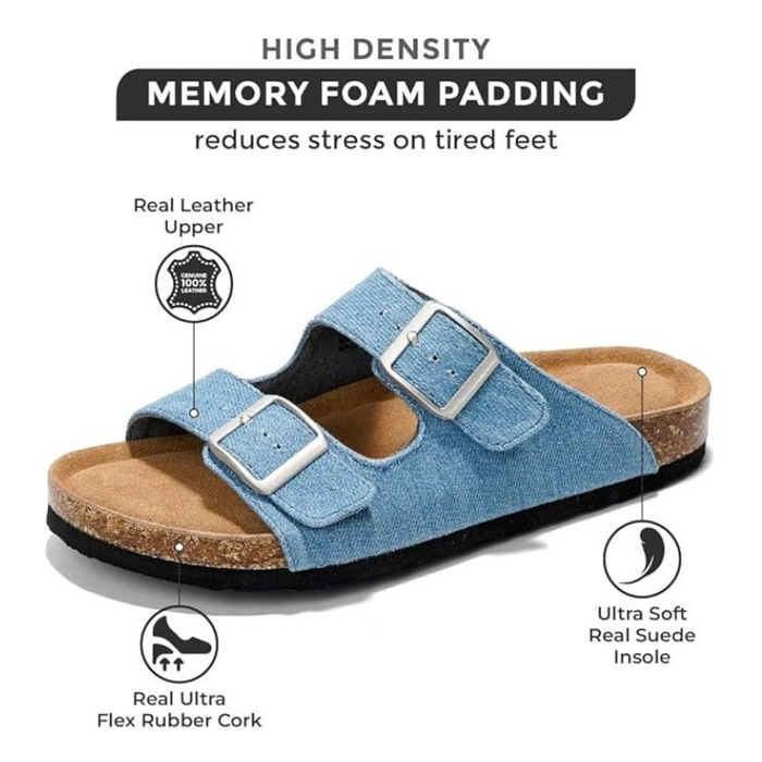 Adjustable Straps Leather Buckle Slides With Cork Footbed