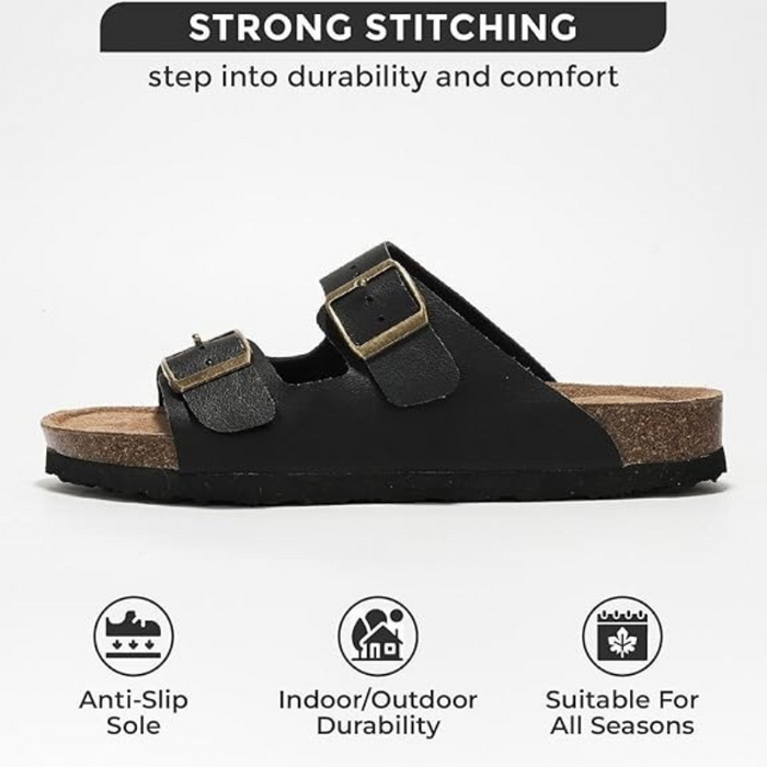 Adjustable Buckle Leather Flat Sandals With Cushioned Sole