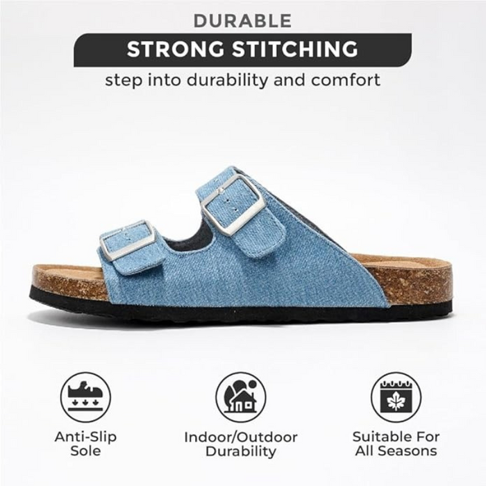 Adjustable Straps Leather Buckle Slides With Cork Footbed