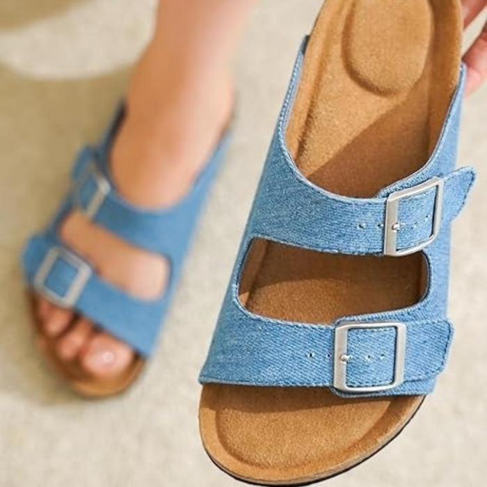 Adjustable Straps Leather Buckle Slides With Cork Footbed