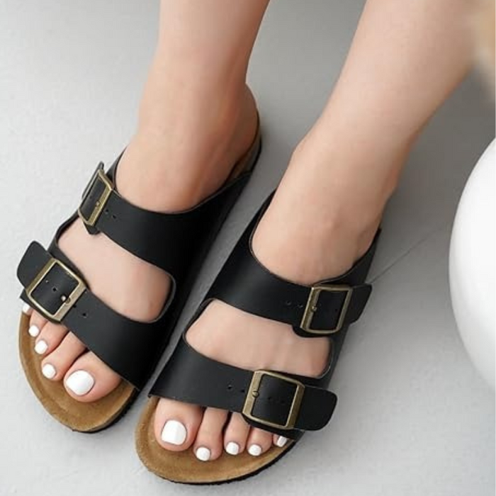 Adjustable Buckle Leather Flat Sandals With Cushioned Sole