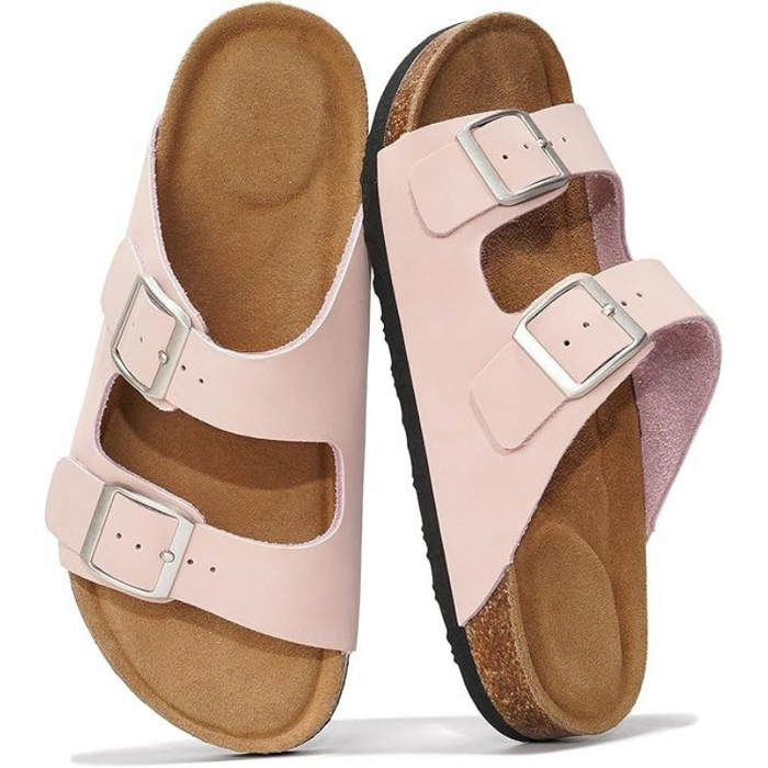 Adjustable Straps Leather Buckle Slides With Cork Footbed
