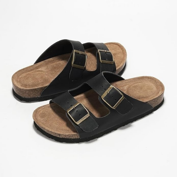 Adjustable Buckle Leather Flat Sandals With Cushioned Sole