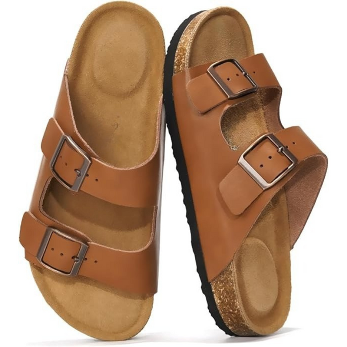 Adjustable Straps Leather Buckle Slides With Cork Footbed