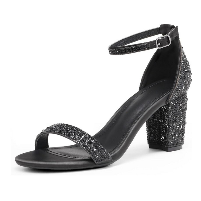 Adjustable Buckle Rhinestone Chunky Low Pump Sandals