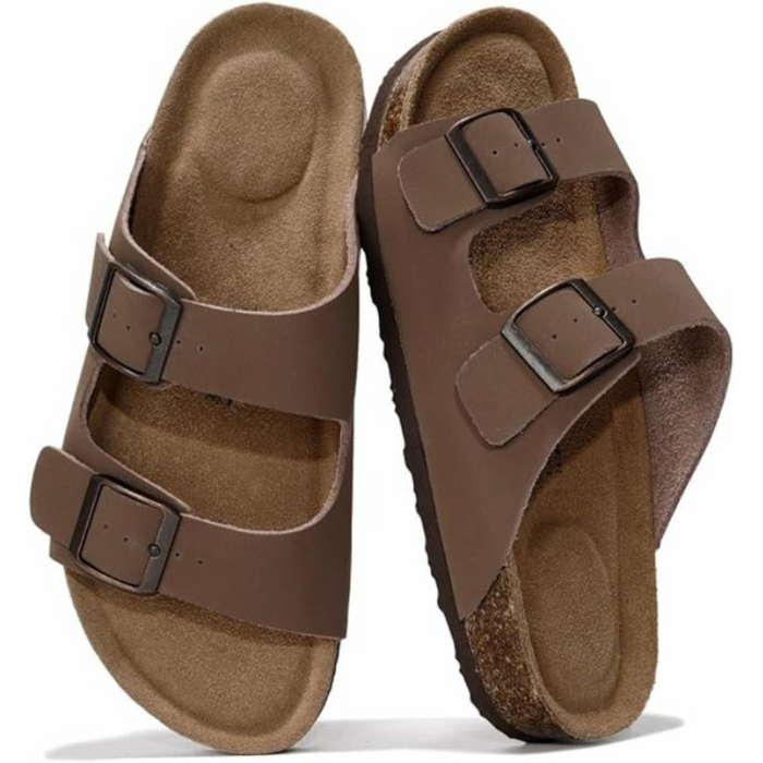 Adjustable Buckle Leather Flat Sandals With Cushioned Sole