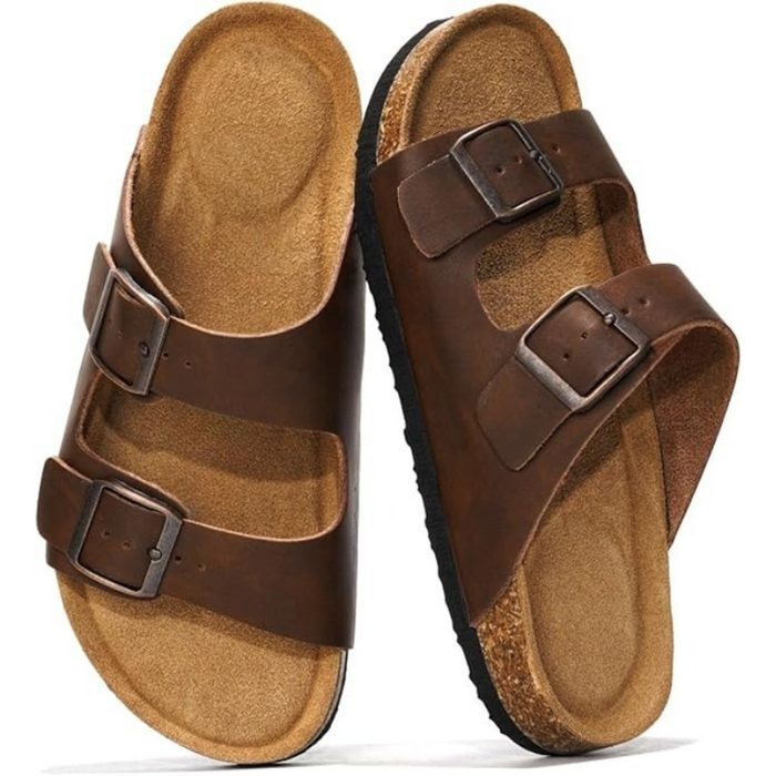 Textured Outsole Buckle Straps Leather Flat Sandals