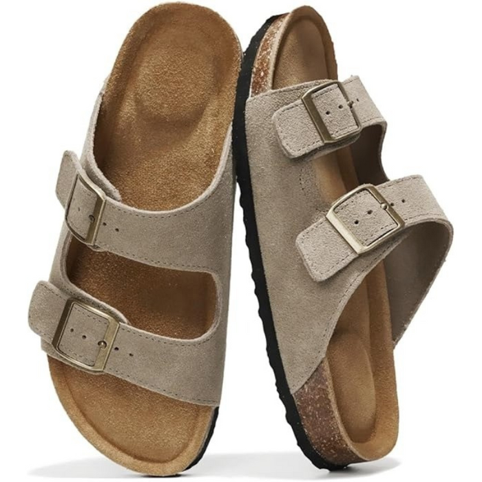 Adjustable Buckle Leather Flat Sandals With Cushioned Sole