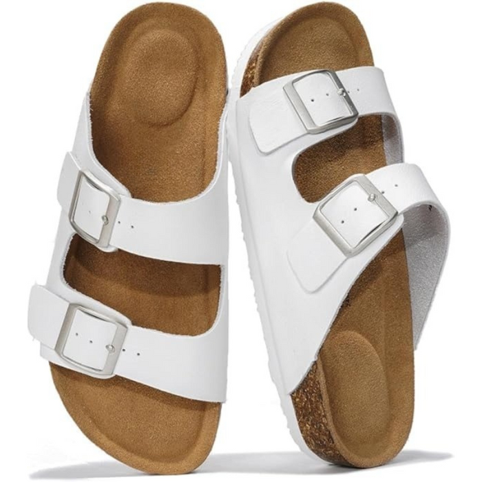 Adjustable Buckle Leather Flat Sandals With Cushioned Sole
