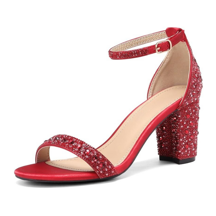 Adjustable Buckle Rhinestone Chunky Low Pump Sandals