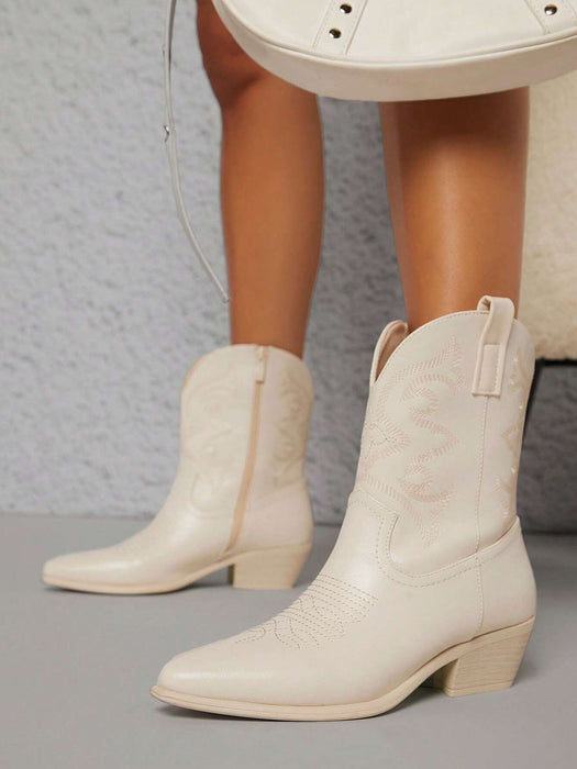 Embroidery Mid Calf Boots